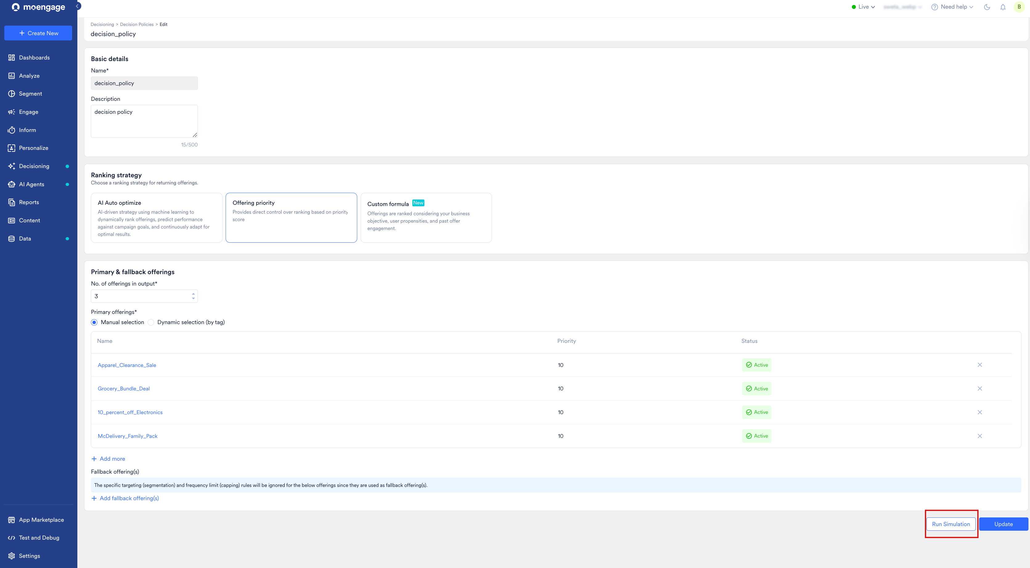 Edit Decision Policy page with Run Simulation button highlighted
