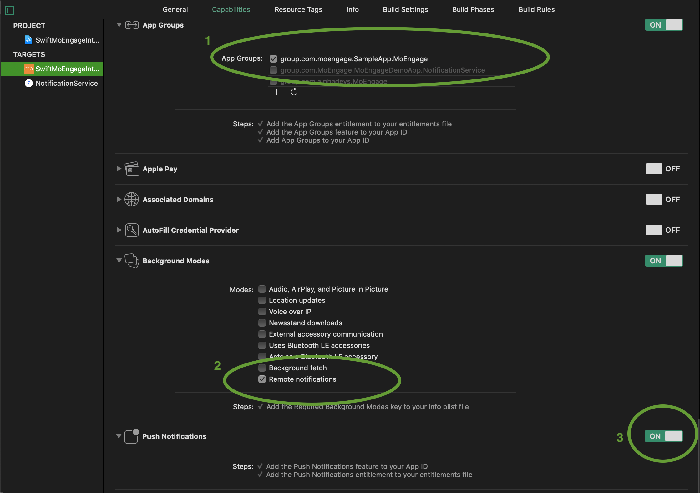 App Groups, Background Modes, and Push Notifications capabilities enabled for the app target in Xcode