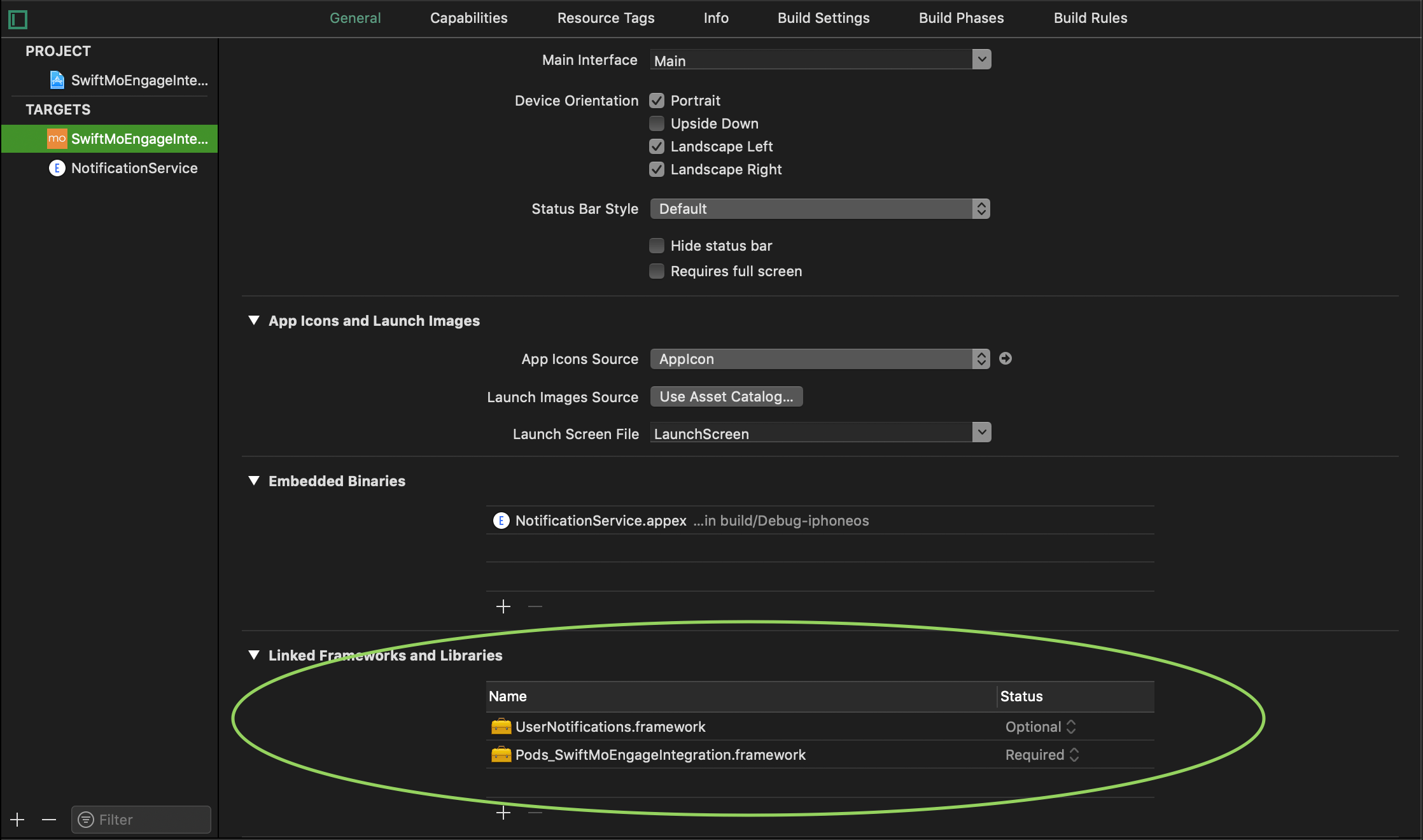 UserNotifications framework added as Optional under Linked Frameworks and Libraries