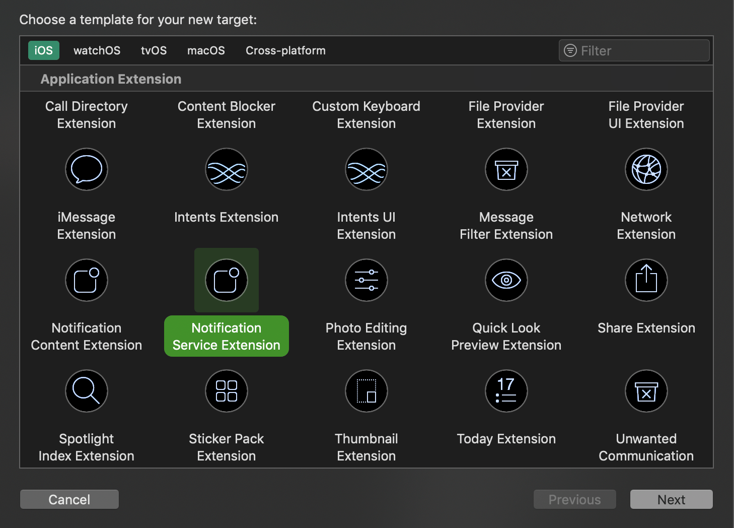 Selecting the Notification Service Extension template while adding a new target in Xcode
