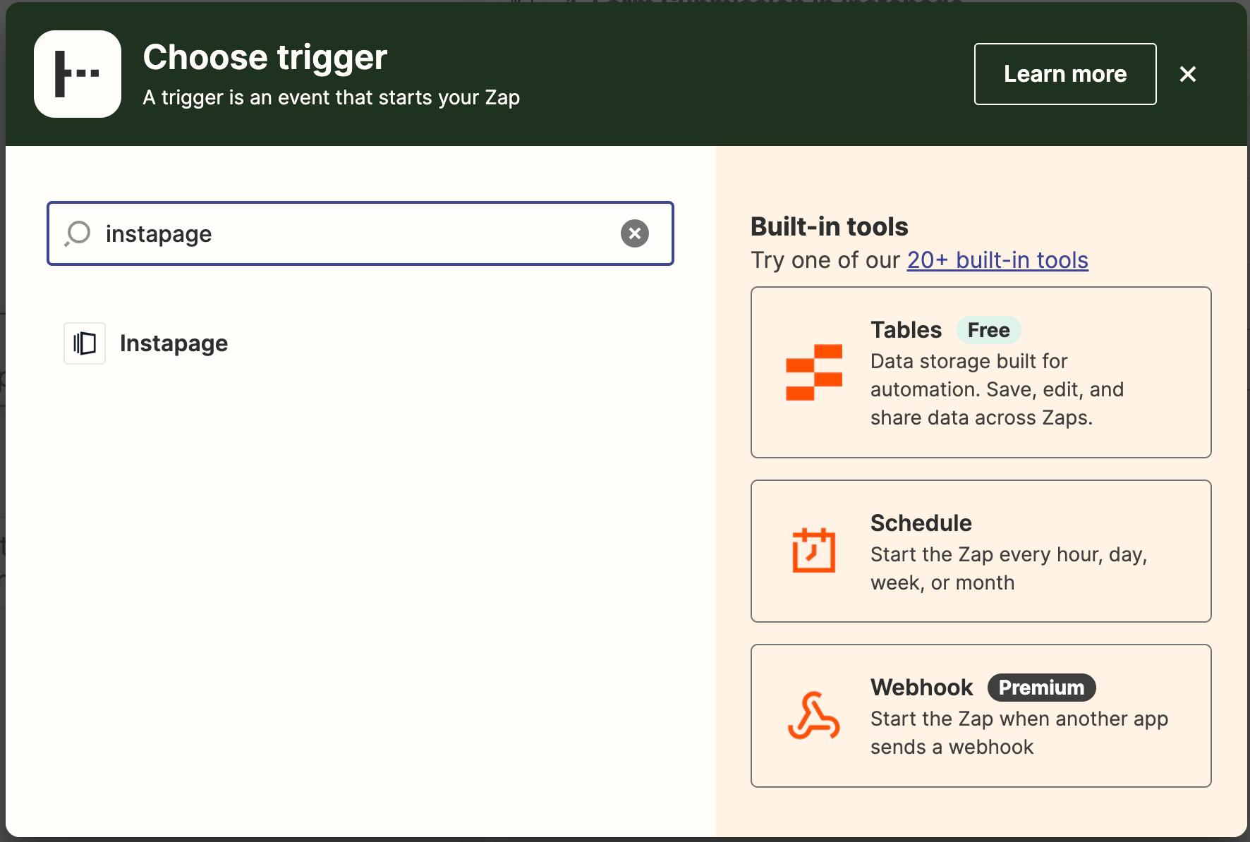 Zapier trigger configuration screen with Instapage selected as the trigger app