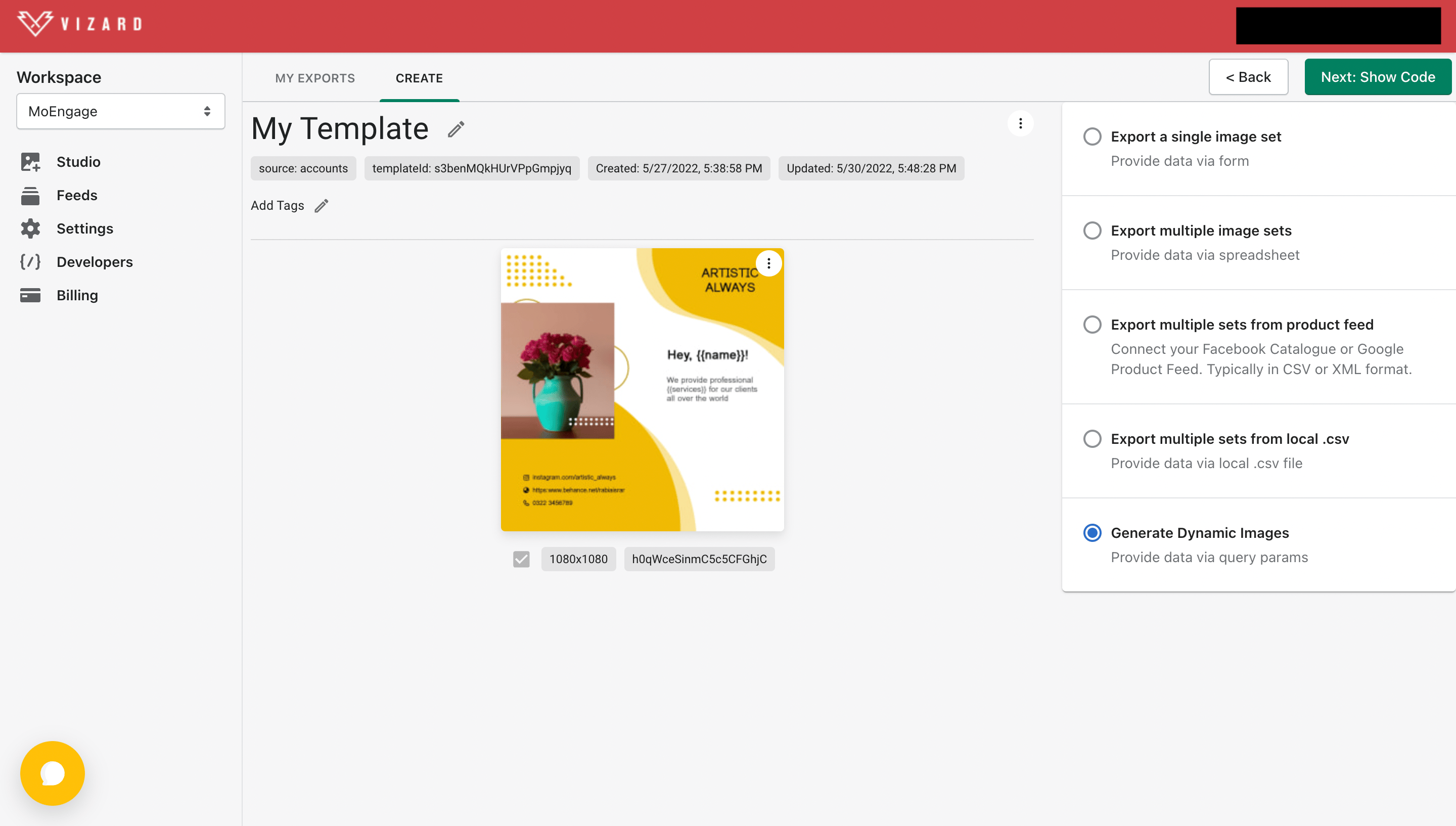 Vizard Use this template screen with the Generate Dynamic Images option selected