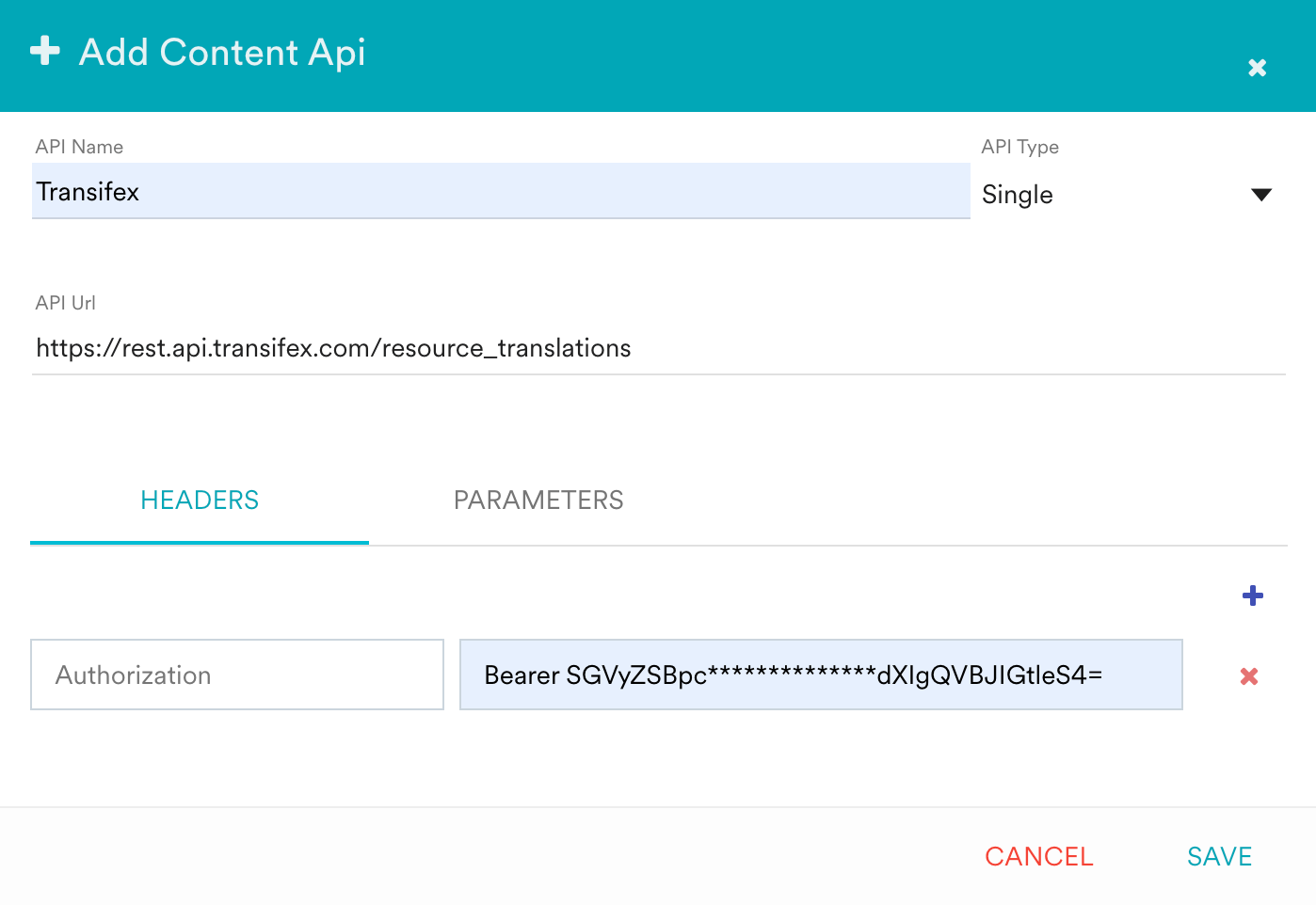Headers section of the MoEngage Content API configuration with Authorization set to a bearer token