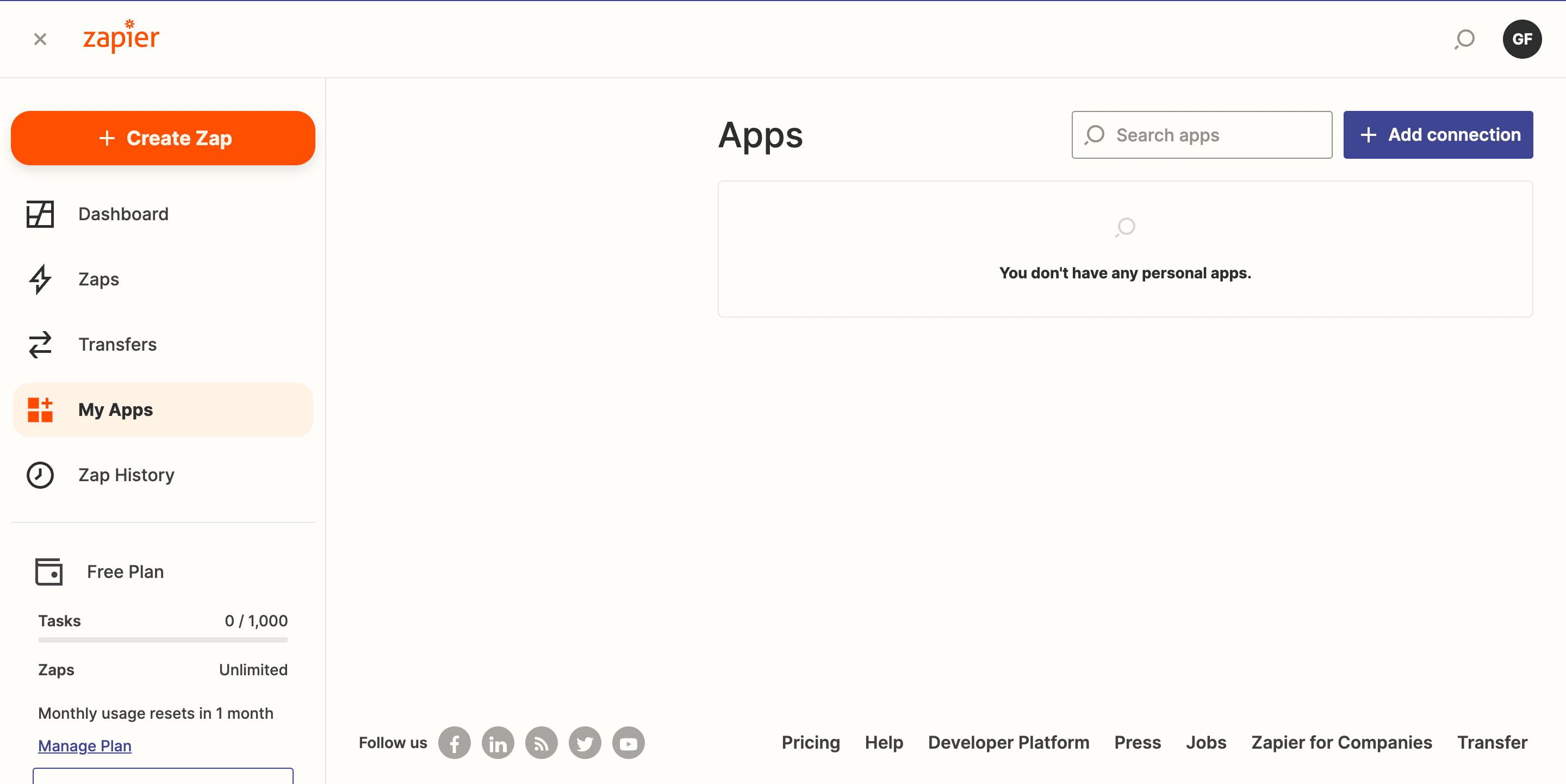 Zapier My Apps Add connection screen