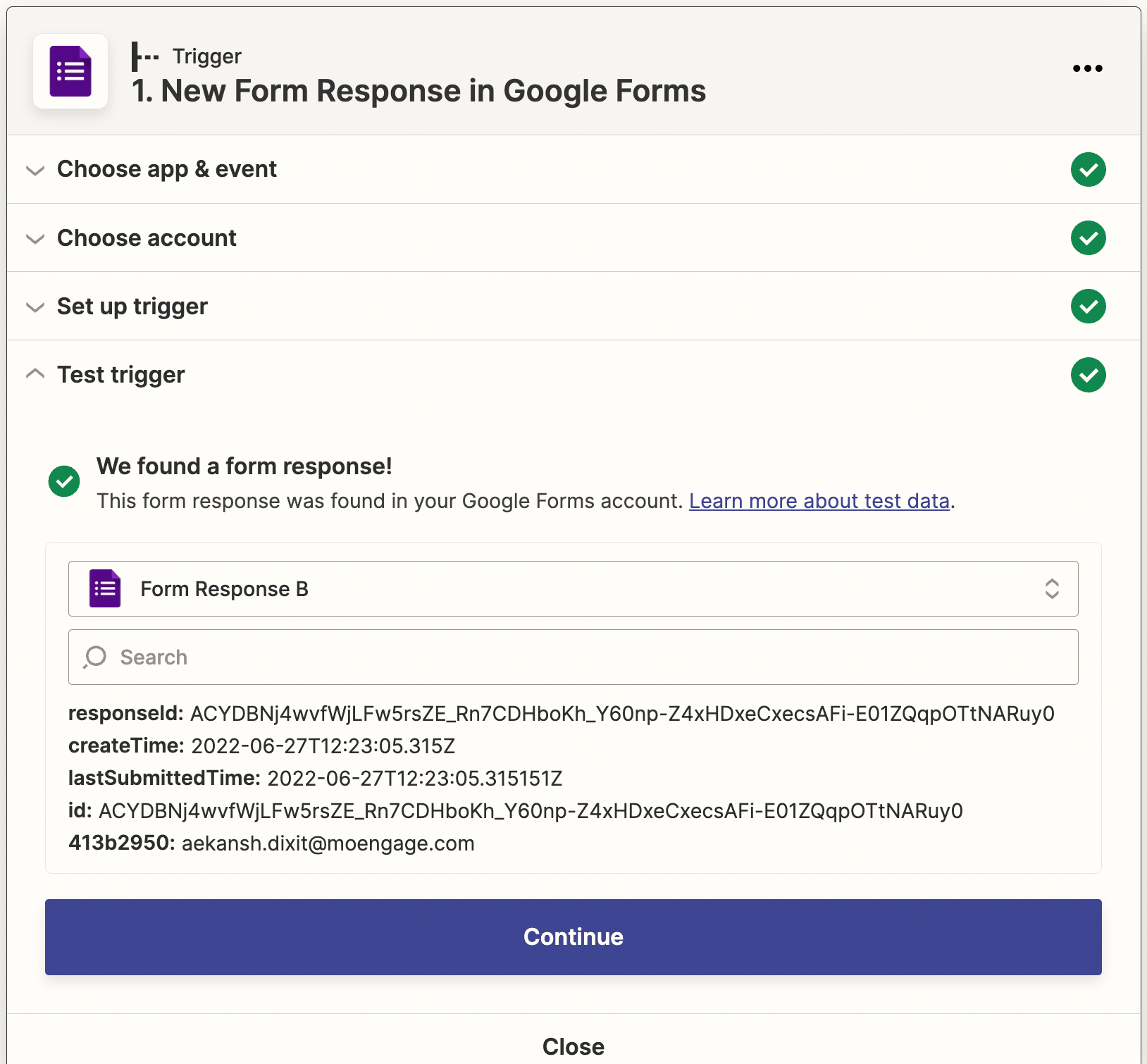Setup trigger step showing form selection and sample data