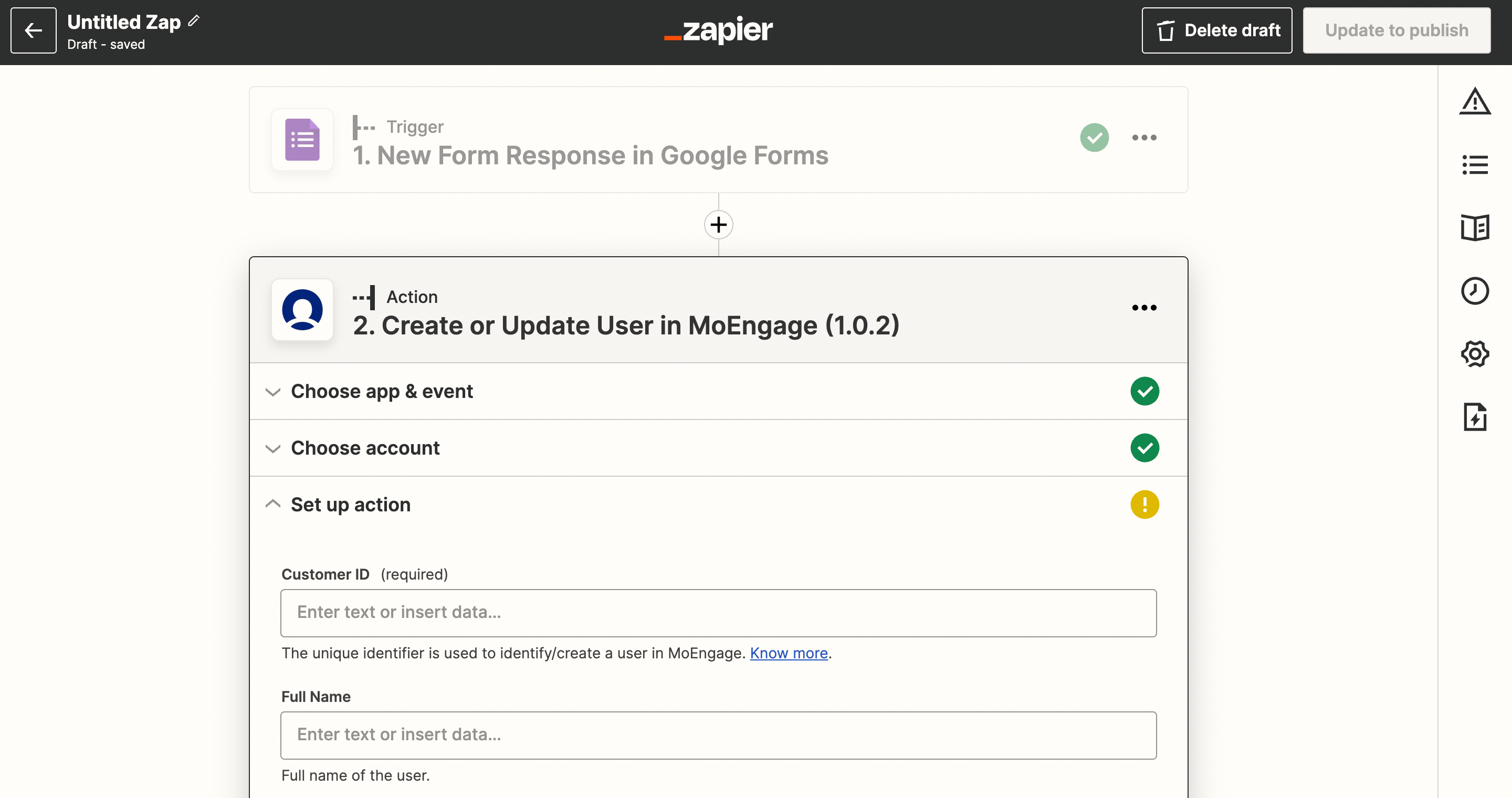Create or Update User action setup with attribute fields