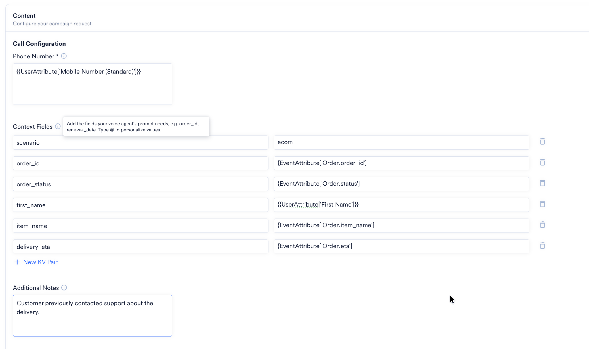 Call configuration screen showing the phone number field and context fields entered as key-value pairs