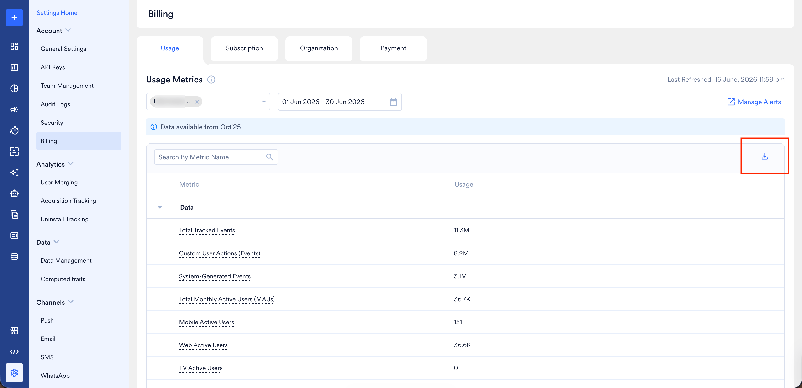 The Download button on the usage metrics list
