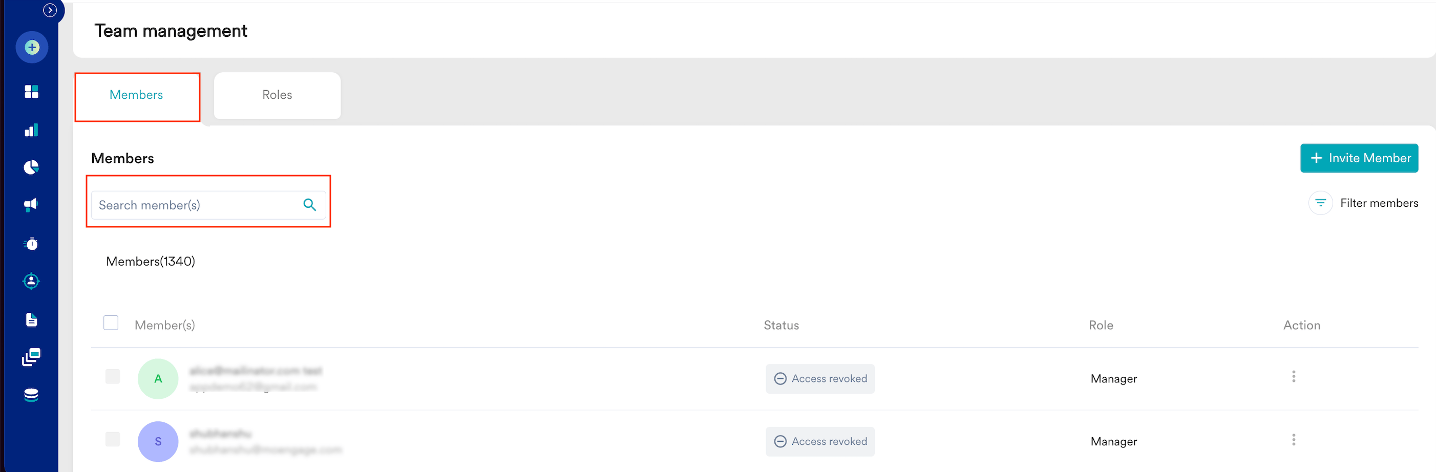 Search for a blocked team member by email address
