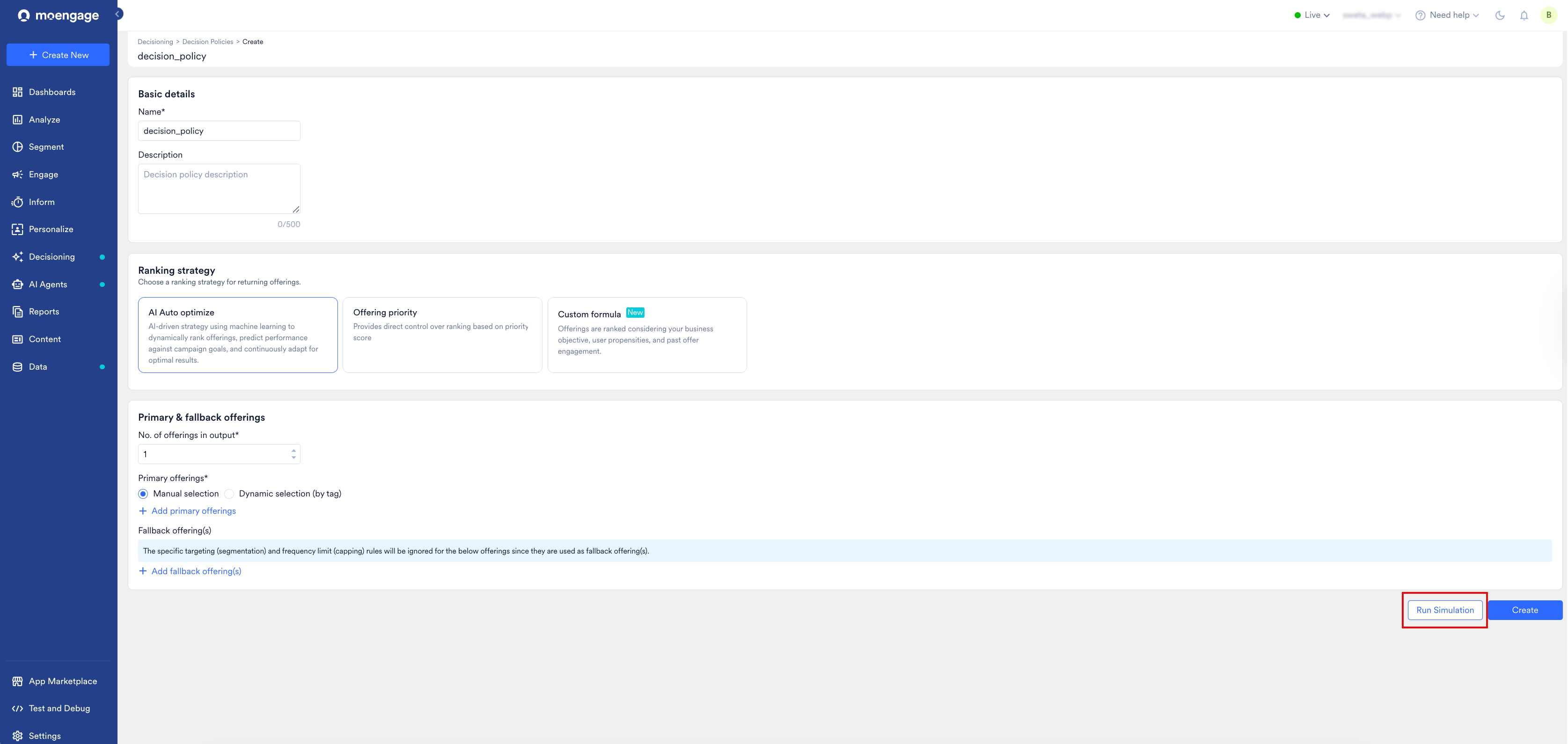 Create Decision Policy page with Run Simulation button highlighted in the lower-right corner