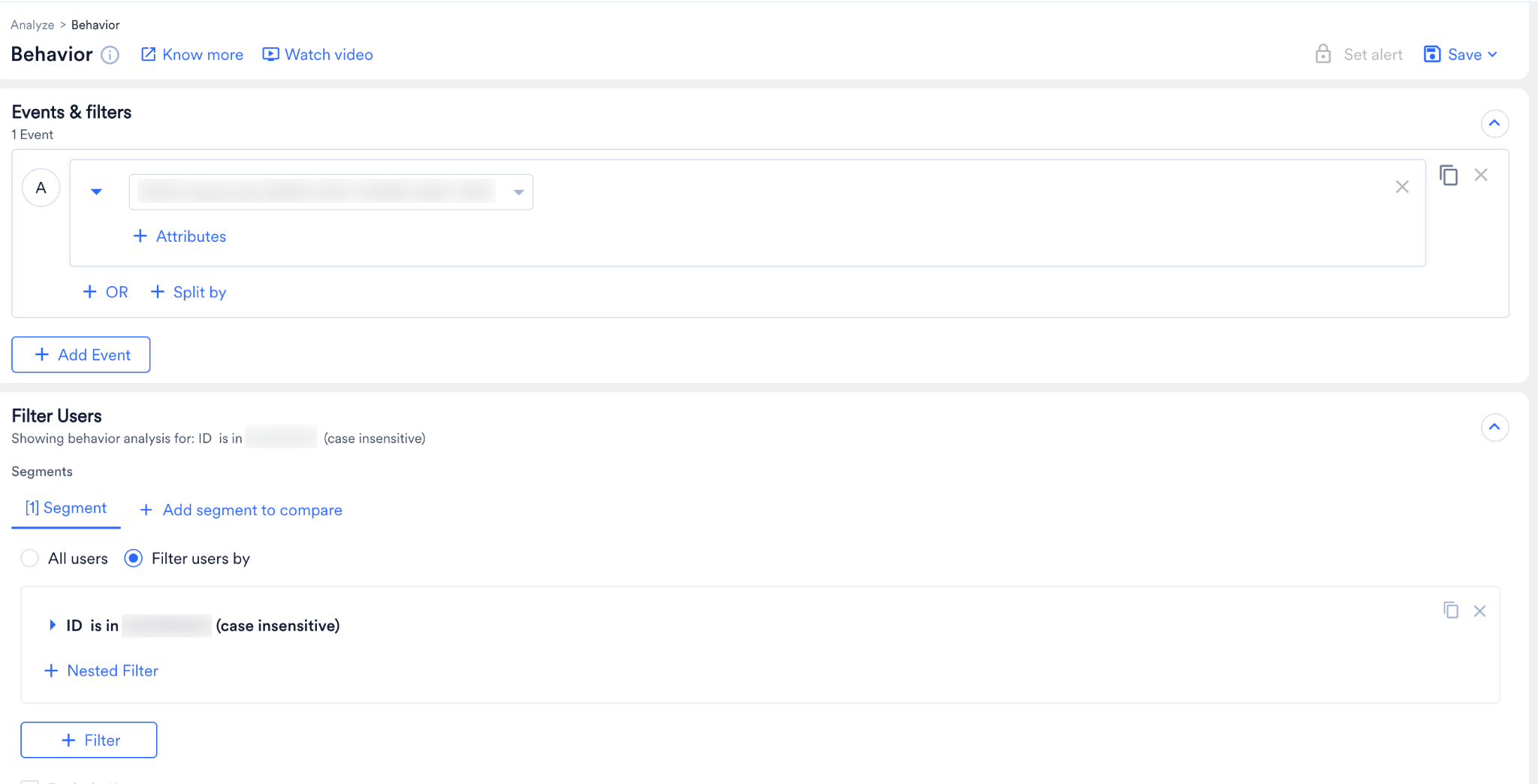MoEngage Behavior analysis with an event selected and users filtered by ID.