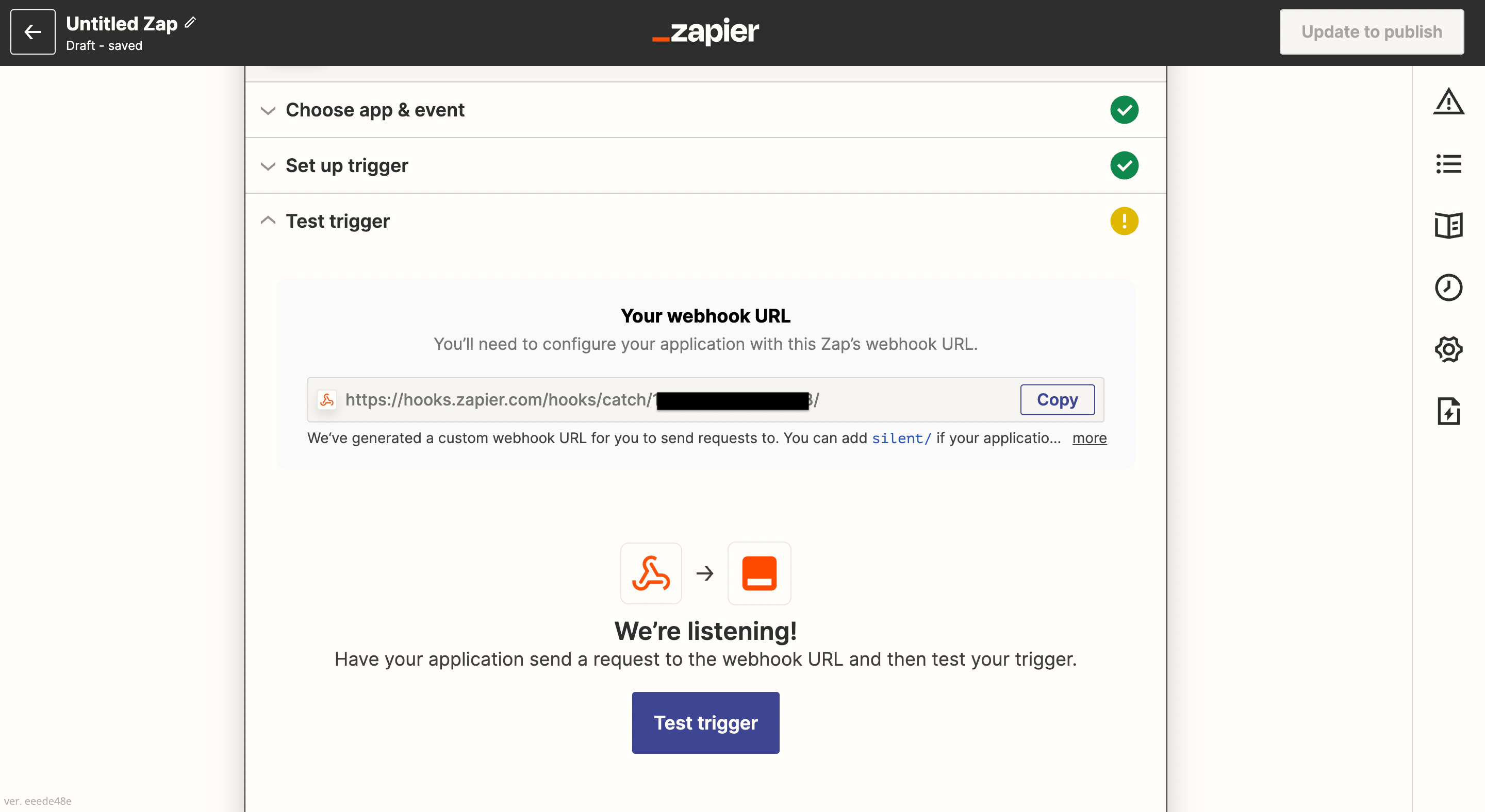 Unique Webhook URL displayed in Zapier setup