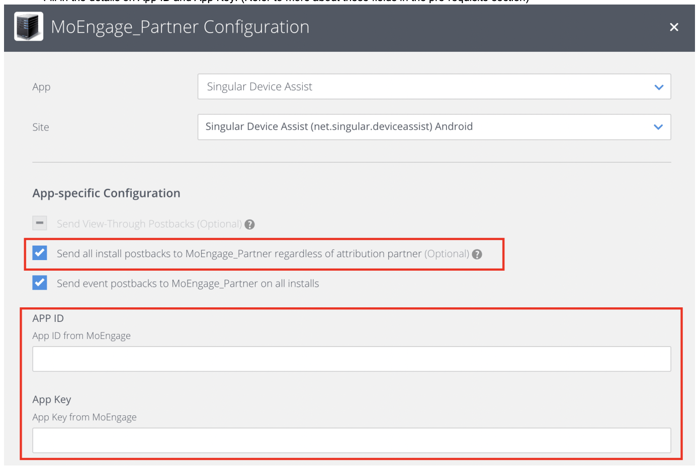 MoEngage partner configuration with postback checkboxes enabled in Singular