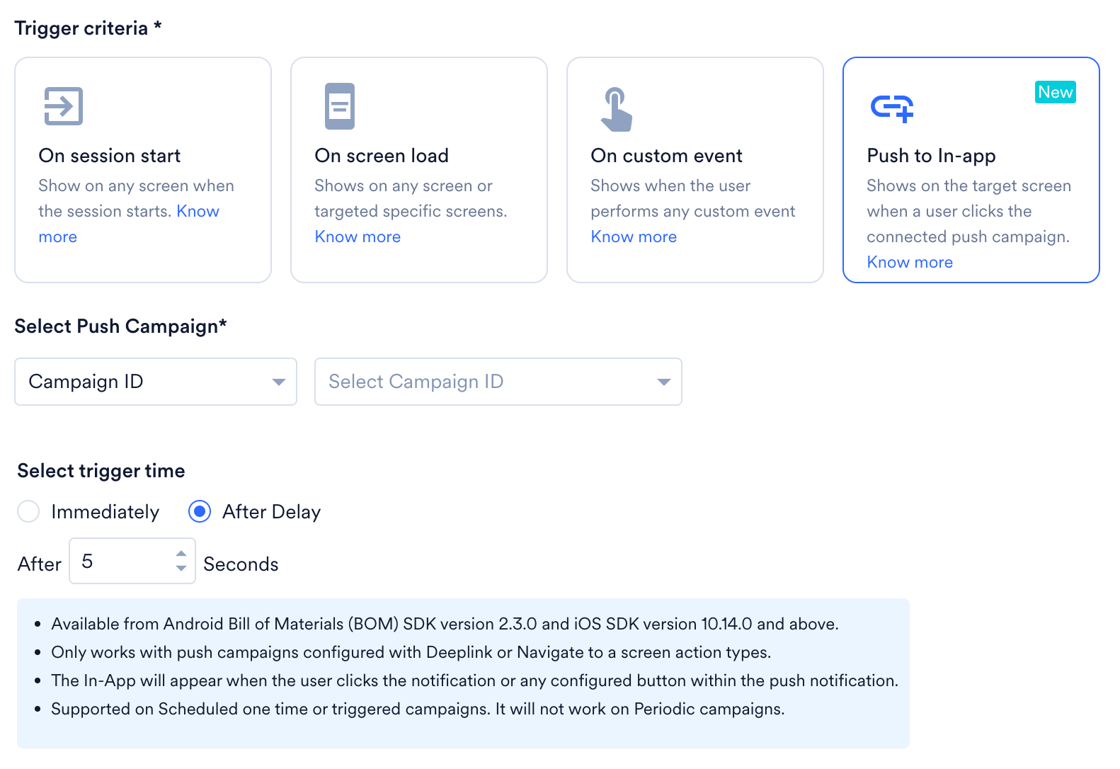The Push to In-app trigger card selected, with the Select Push Campaign and Select trigger time options below it.