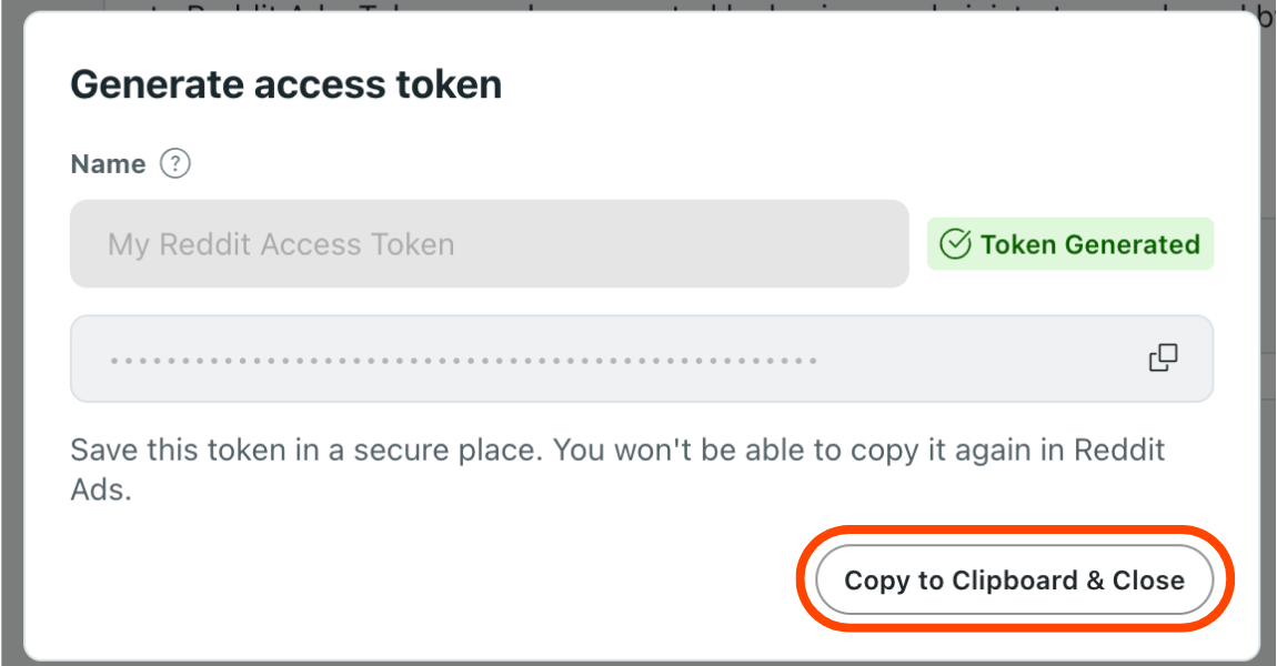 Reddit Generate access token dialog with the Copy to Clipboard and Close option
