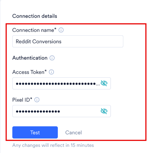 MoEngage App Marketplace Reddit Ads Conversions connection form showing the Connection name, Access Token, and Pixel ID fields
