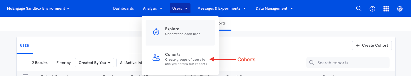 Mixpanel cohorts page showing the cohort list