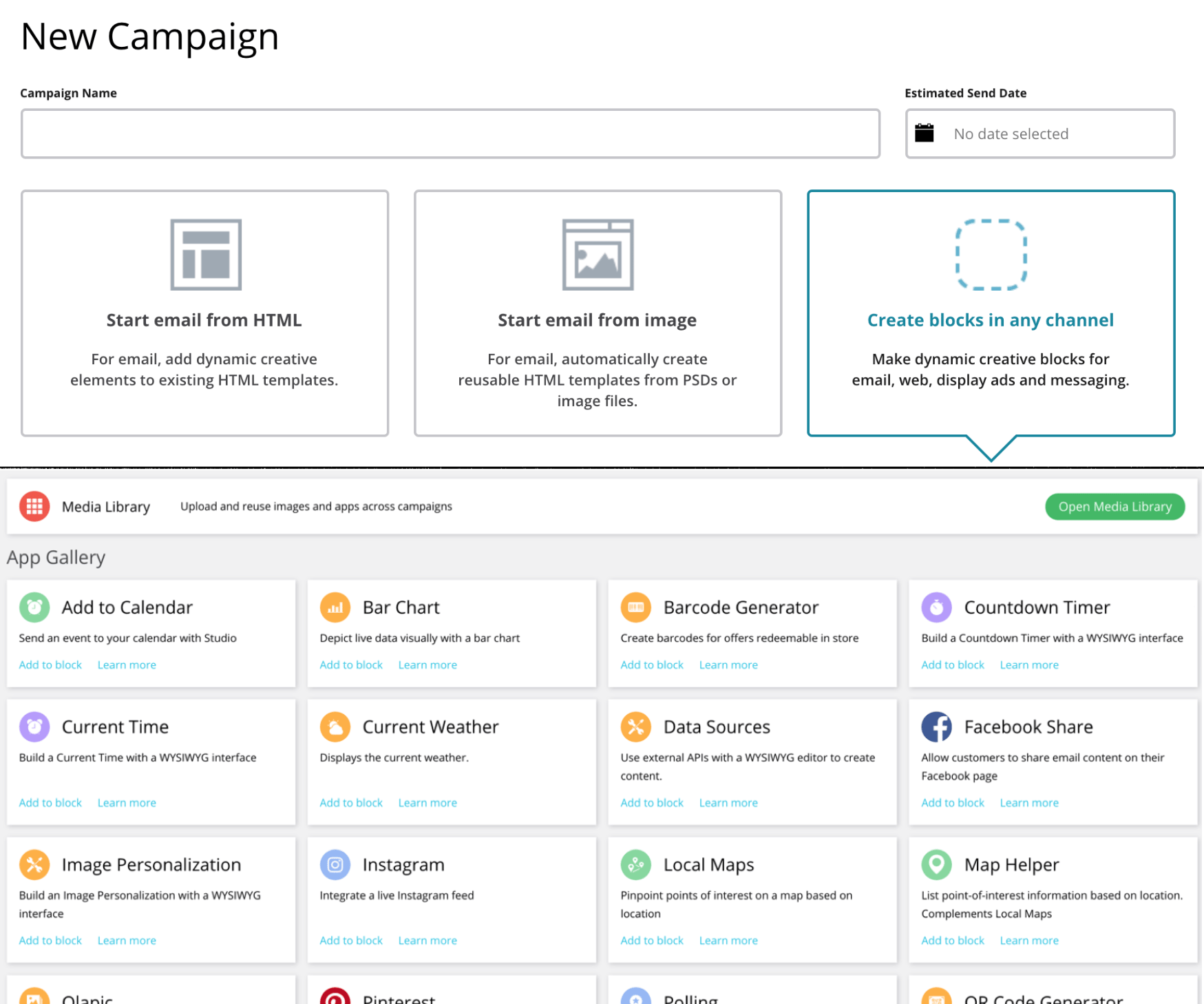 Movable Ink campaign creation screen with the available campaign types