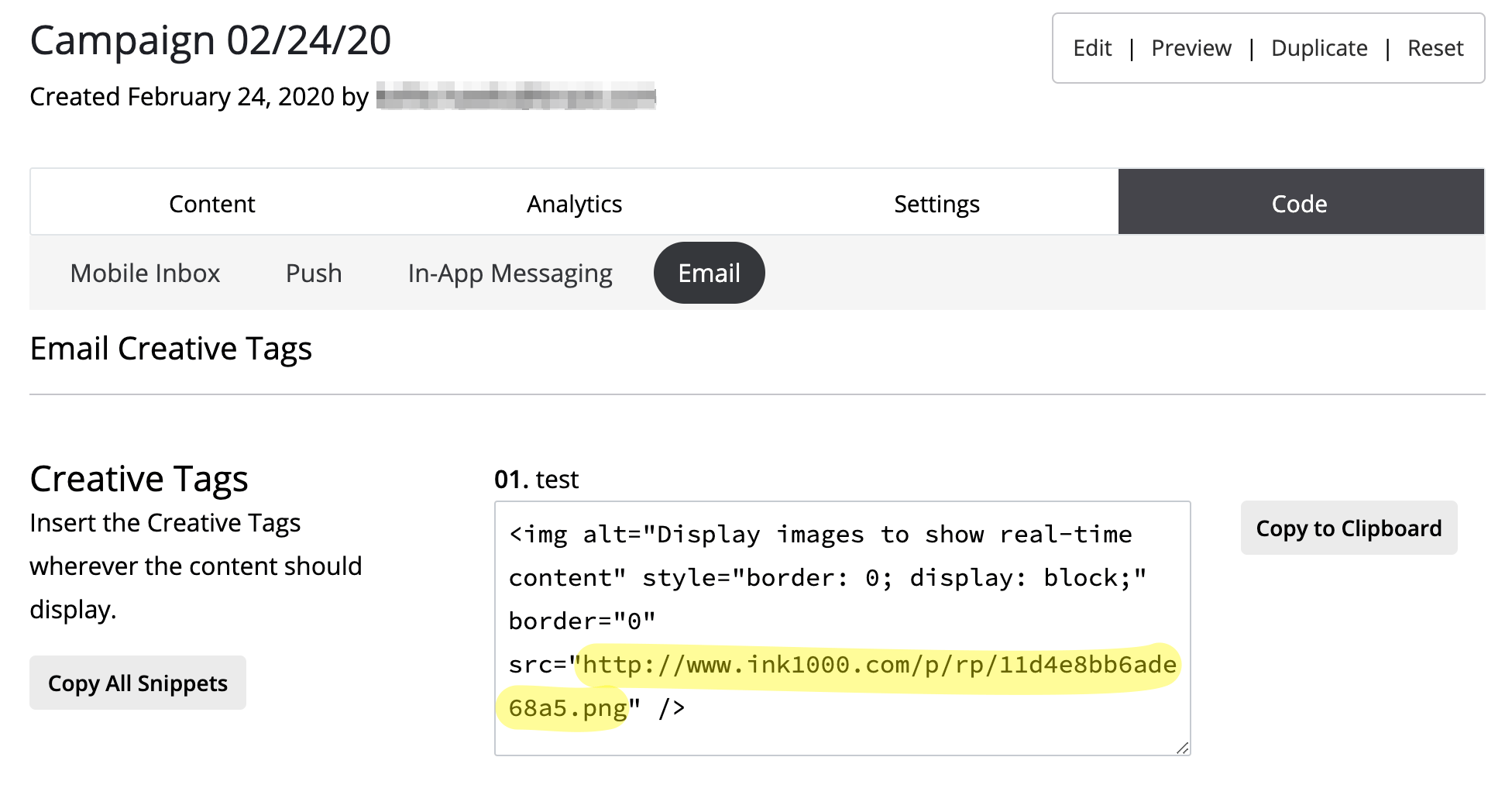 Movable Ink Finish & Export tab with the image URL highlighted