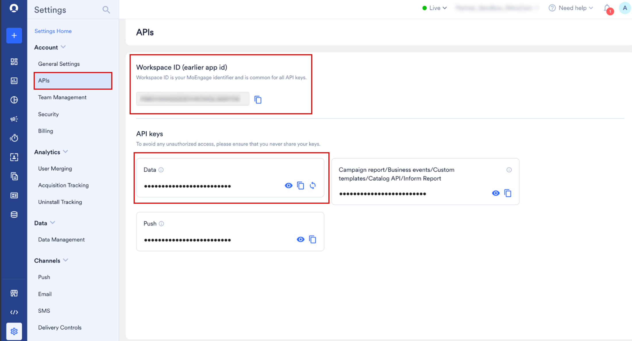 MoEngage APIs settings showing the Workspace ID and the Data API key