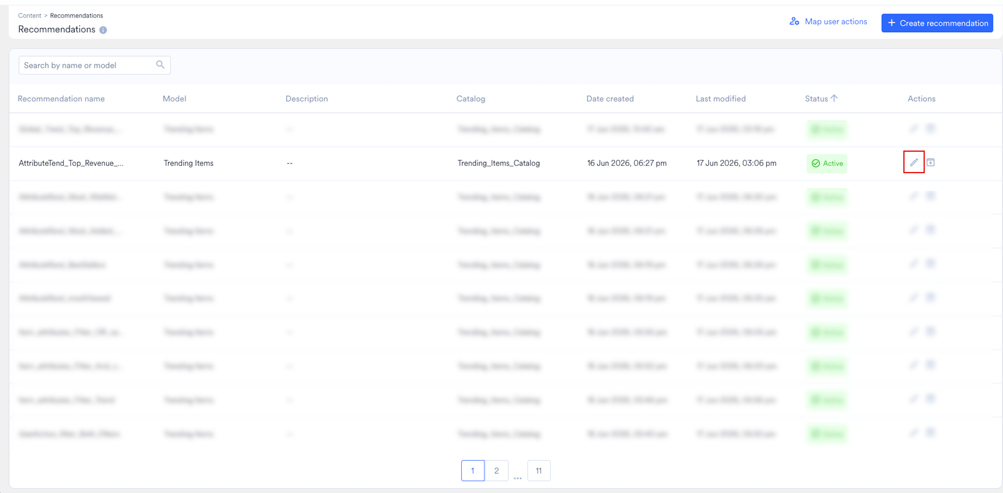Edit a recommendation from the Recommendations list