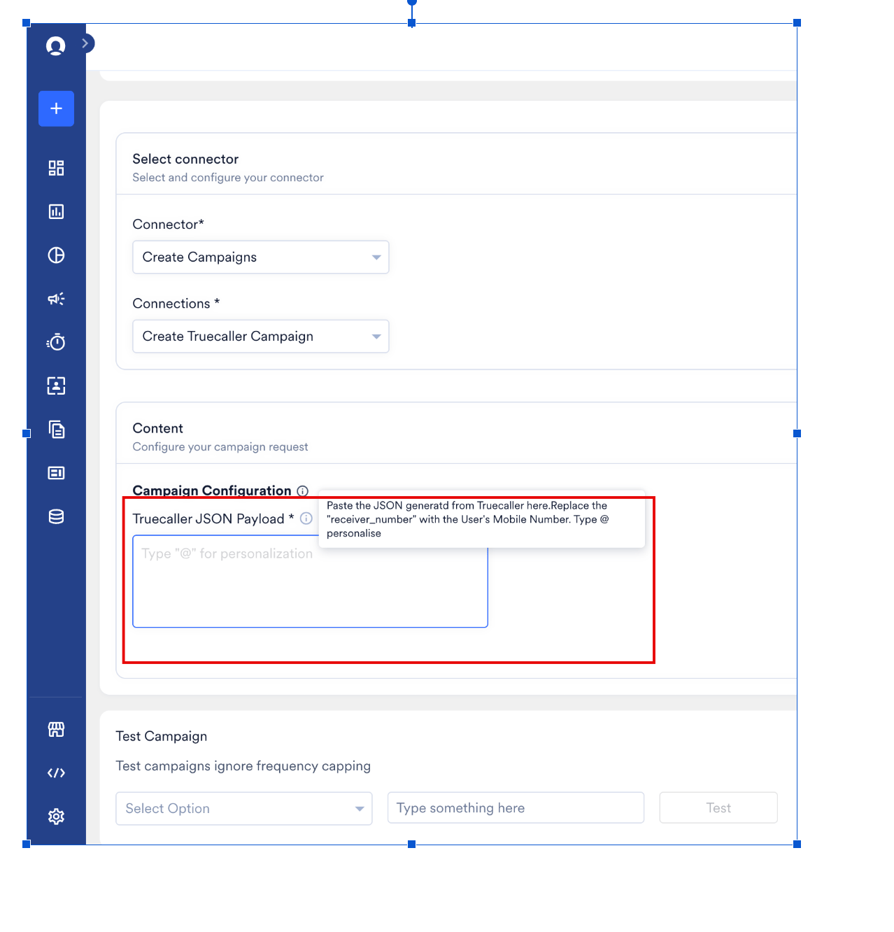 Truecaller JSON Payload box in the campaign editor