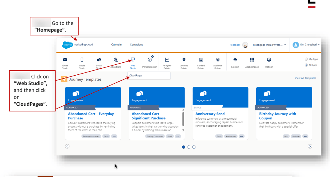 Navigating to Web Studio > CloudPages in SFMC