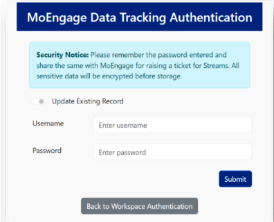 Entering Username and Password for Data Tracking credentials