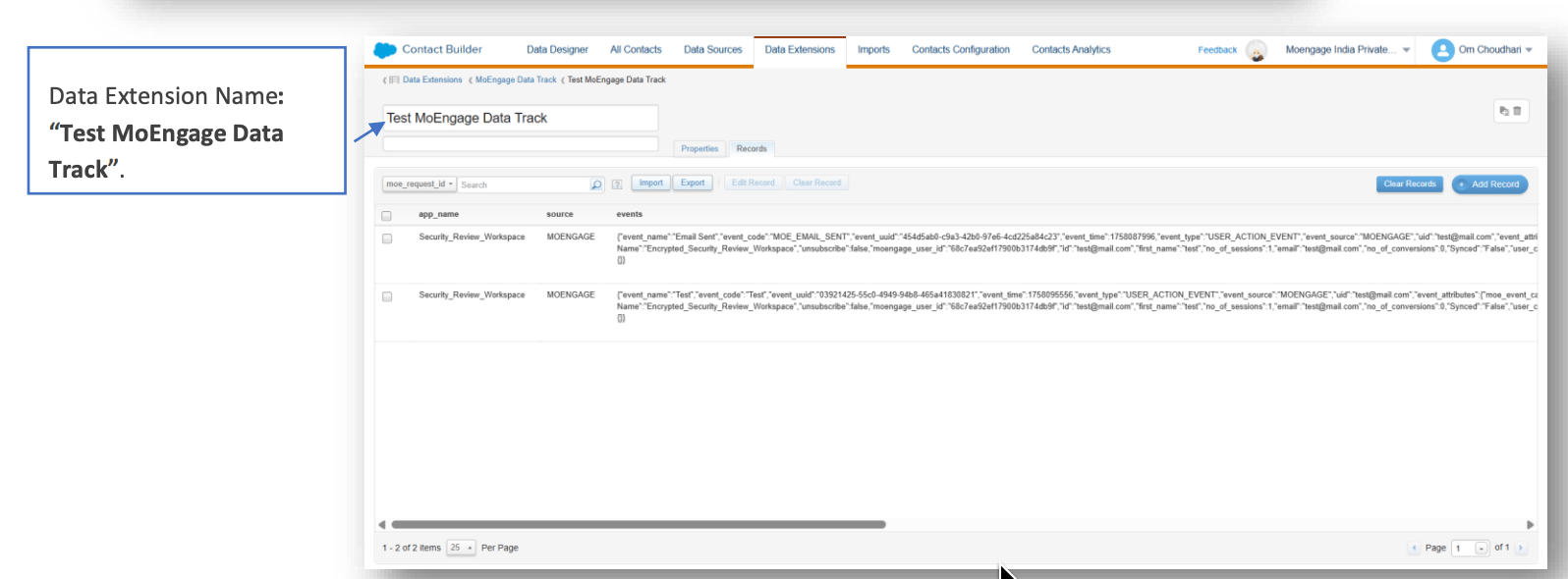 Test MoEngage Data Track Data Extension folder