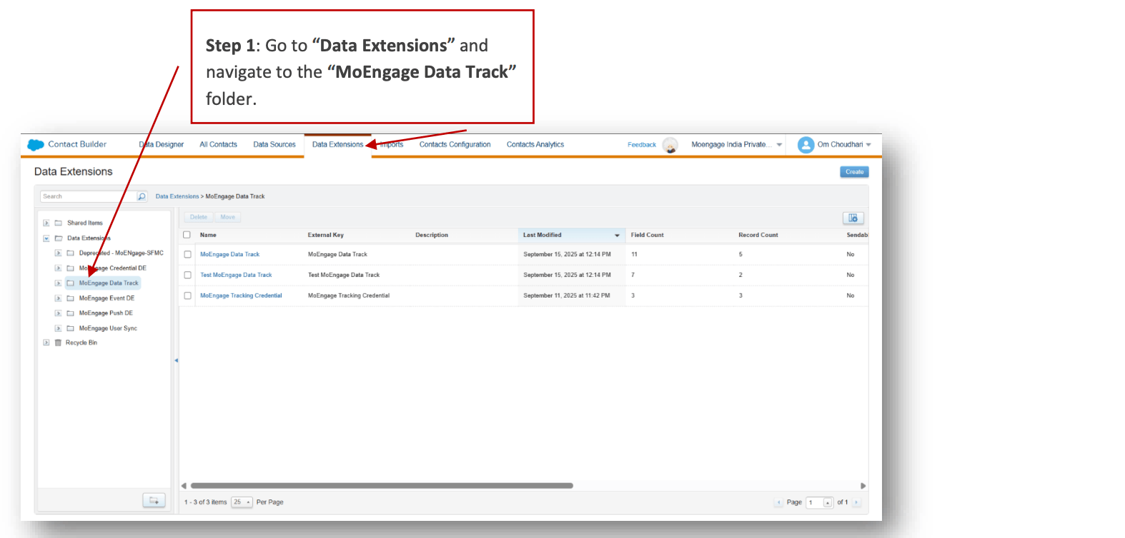 Navigating to Data Extensions > MoEngage Data Track folder