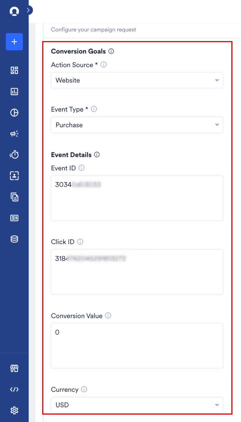 Reddit campaign Conversion Goals and Event Details fields in MoEngage