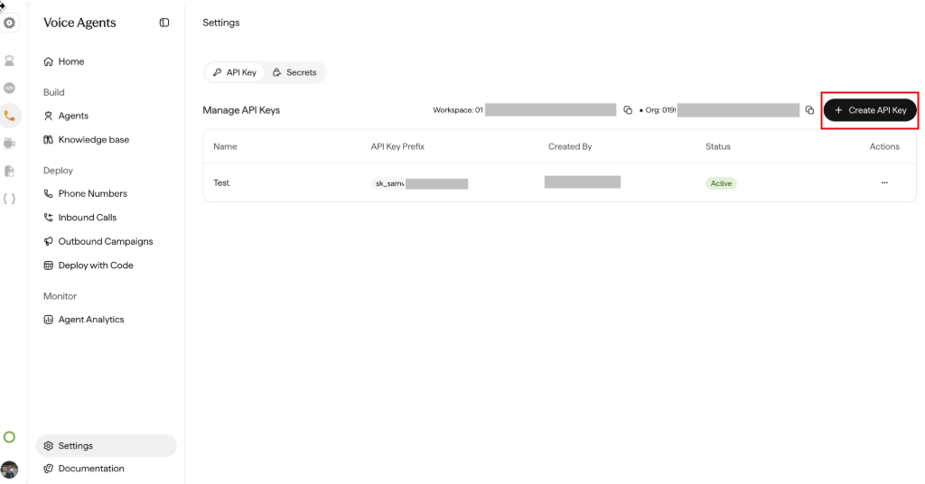 Sarvam Settings page showing the Manage API Keys table with the Workspace and Organization IDs and the Create API Key button