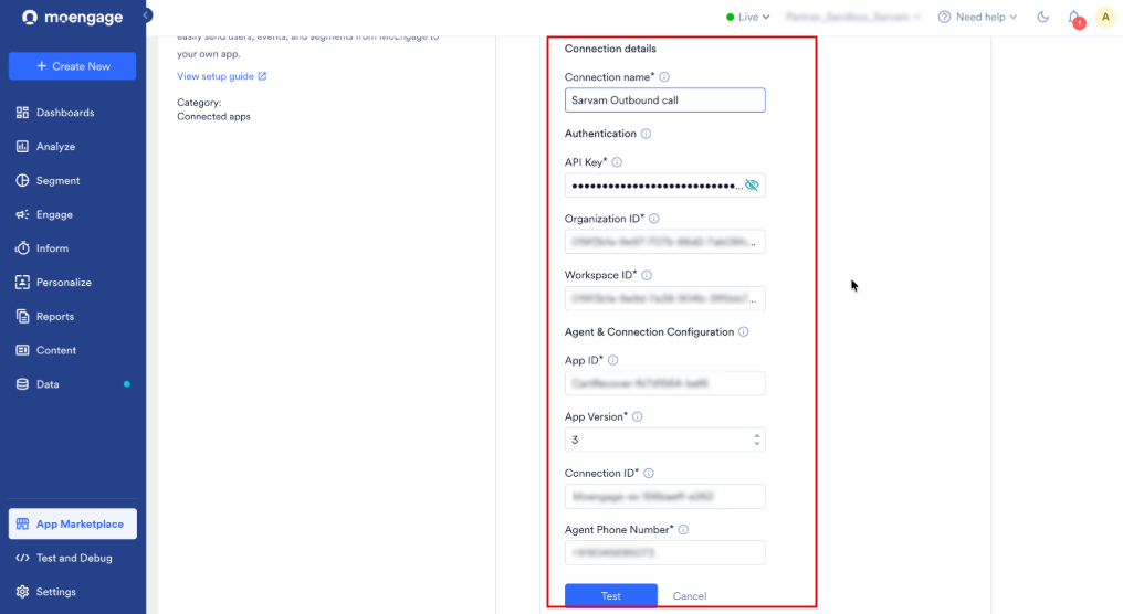 Connection details form for Sarvam showing the connection name, authentication, and connection configuration fields