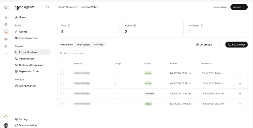 Sarvam Phone Numbers page listing the registered caller numbers with their status