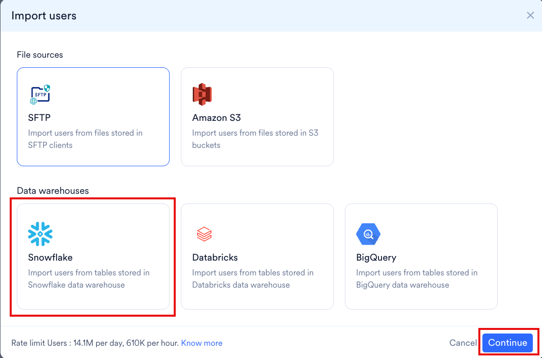Selecting the Snowflake tile and clicking Continue