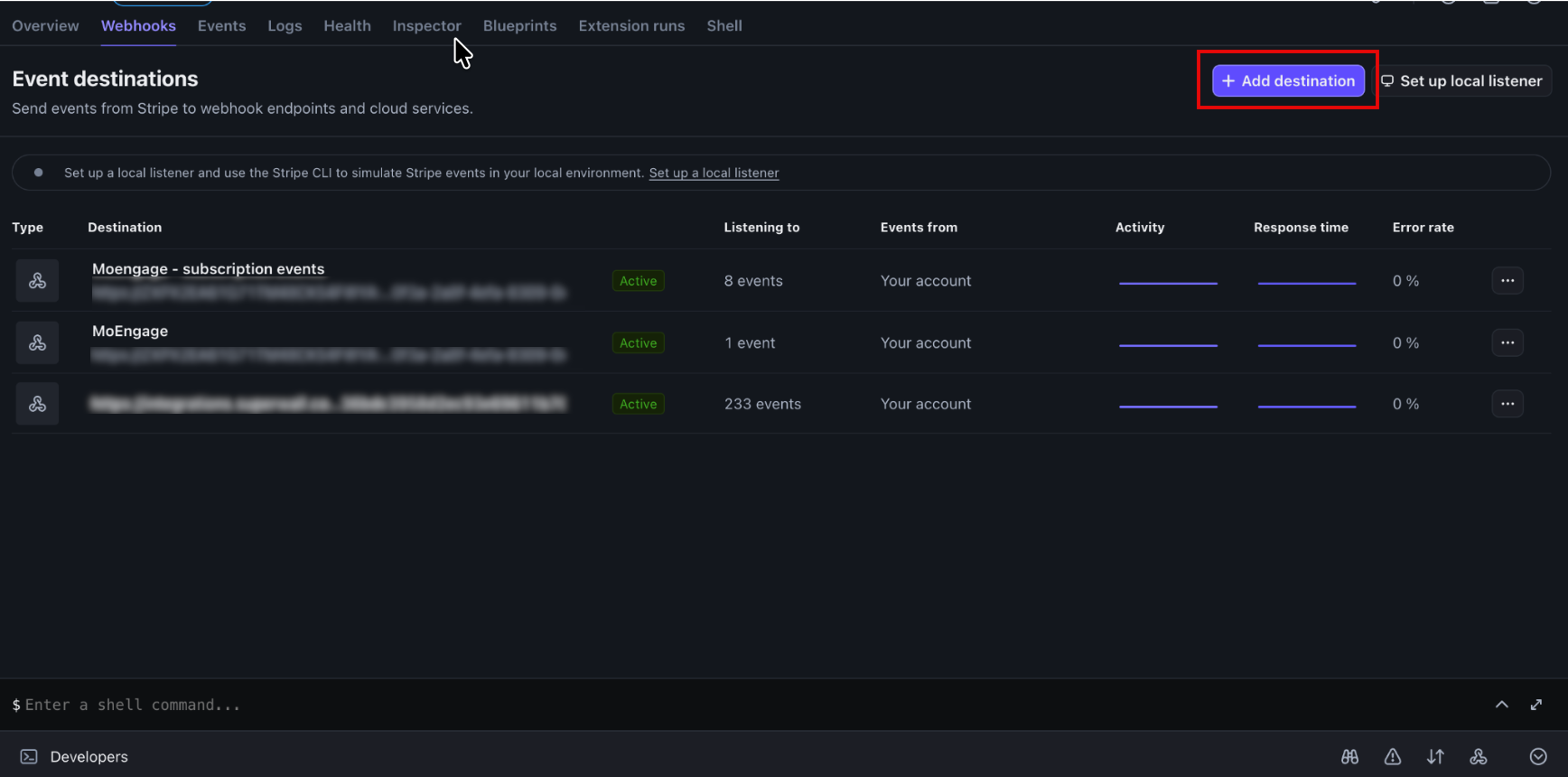 Stripe Event destinations page with the Add destination button highlighted