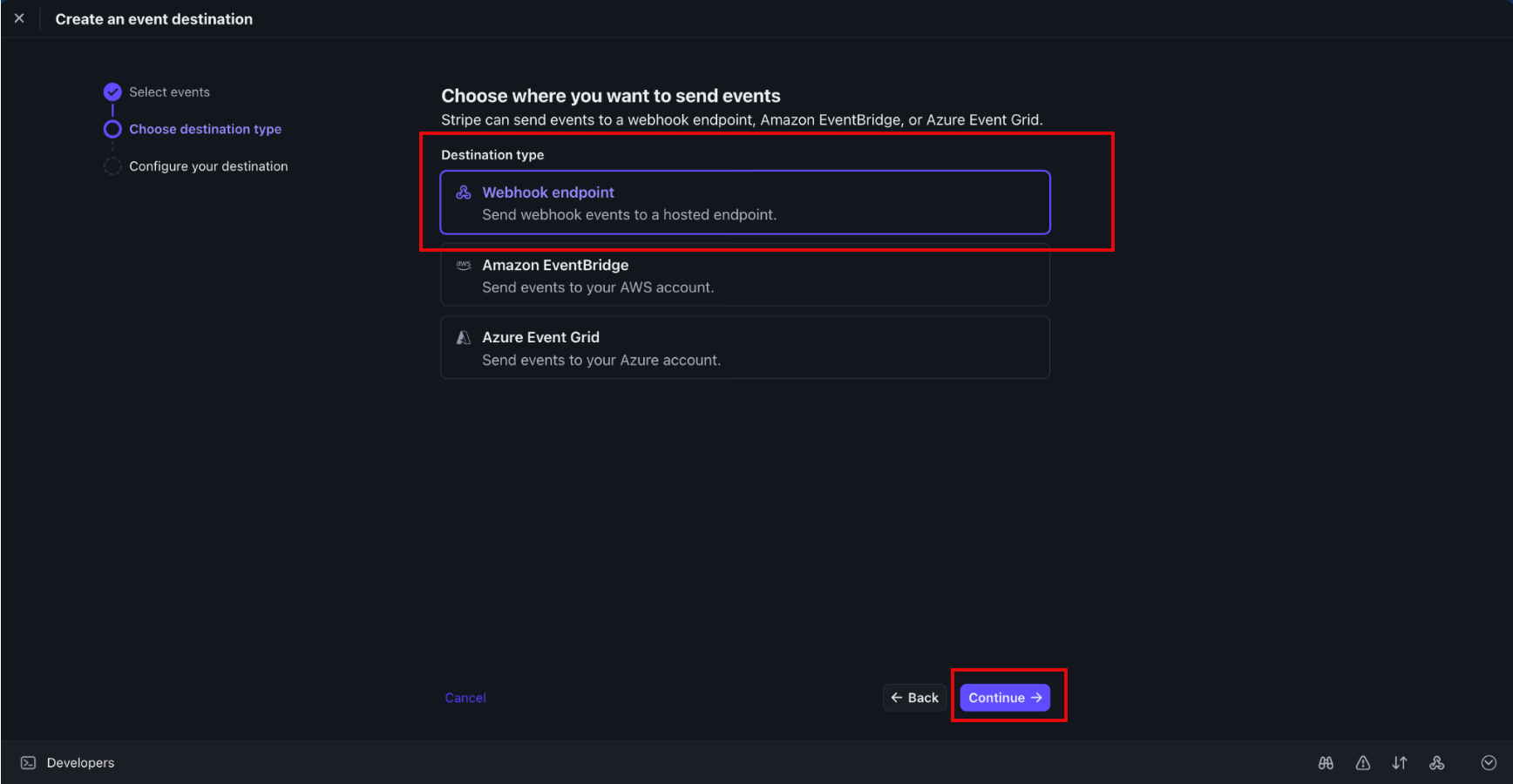 Stripe Choose destination type step with Webhook endpoint selected and Continue highlighted