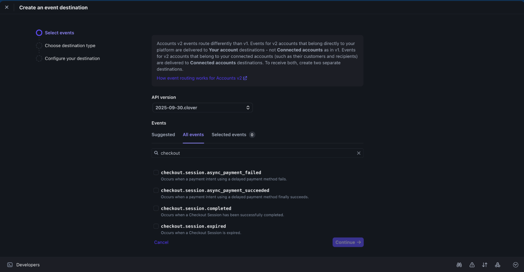 Stripe Create an event destination screen with checkout events in the event search