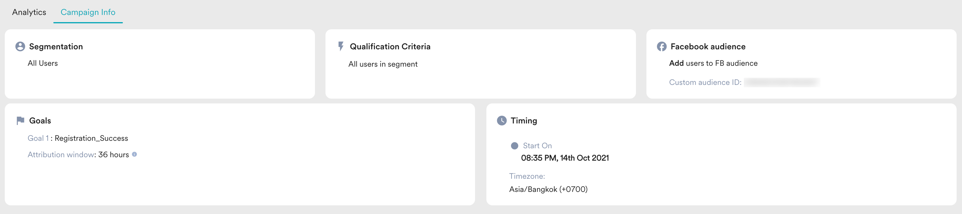 Campaign Info tab for a Facebook Audience campaign showing Segmentation, Qualification Criteria, Facebook audience, Goals, and Timing cards.