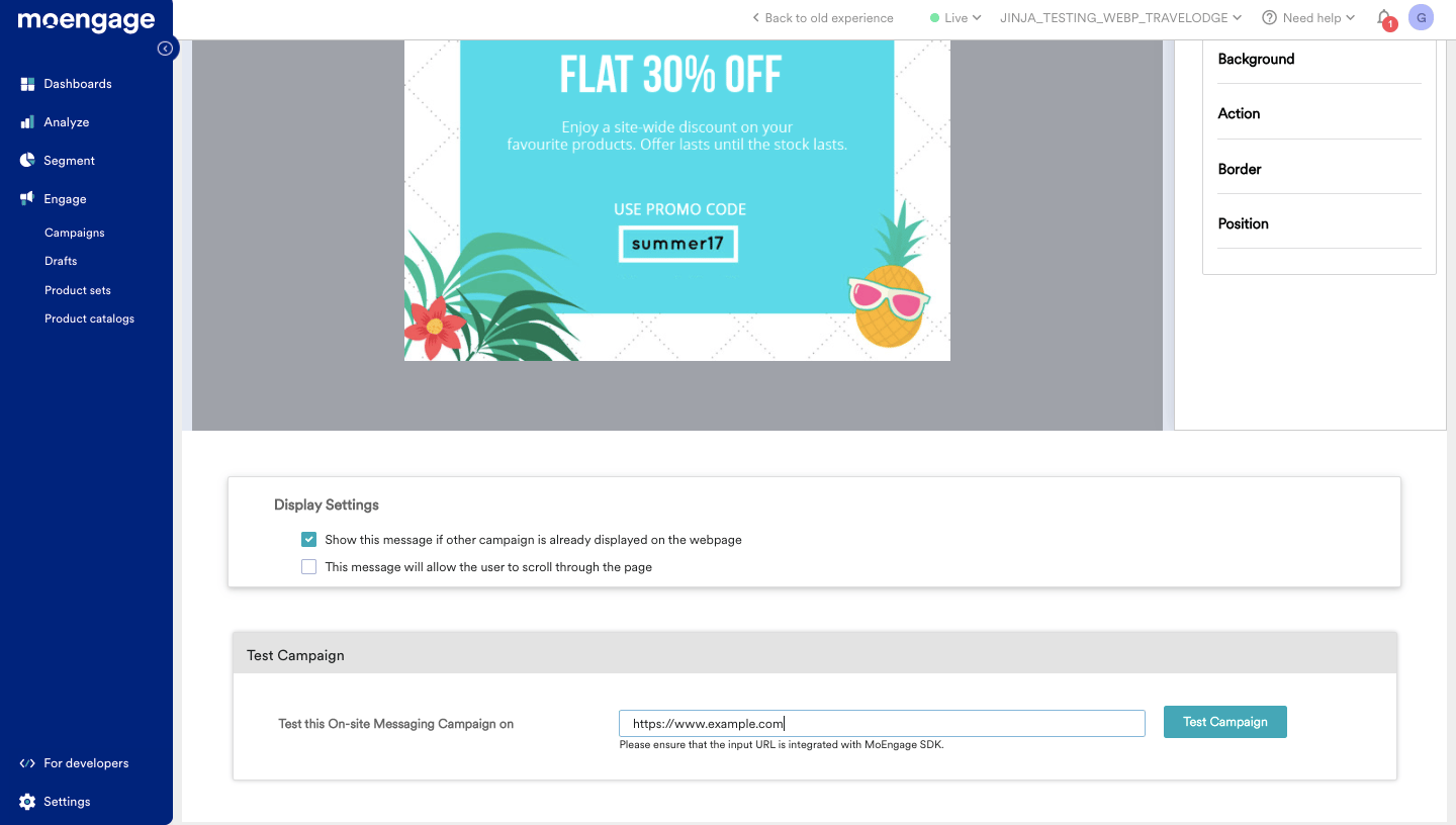 Screenshot showing the Test Campaign feature in the MoEngage dashboard.
