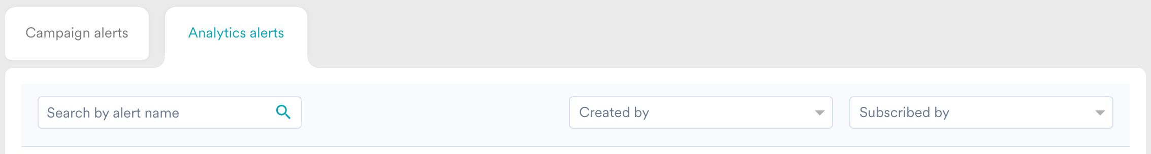 Analytics alerts tab in Alert management with search and filter options