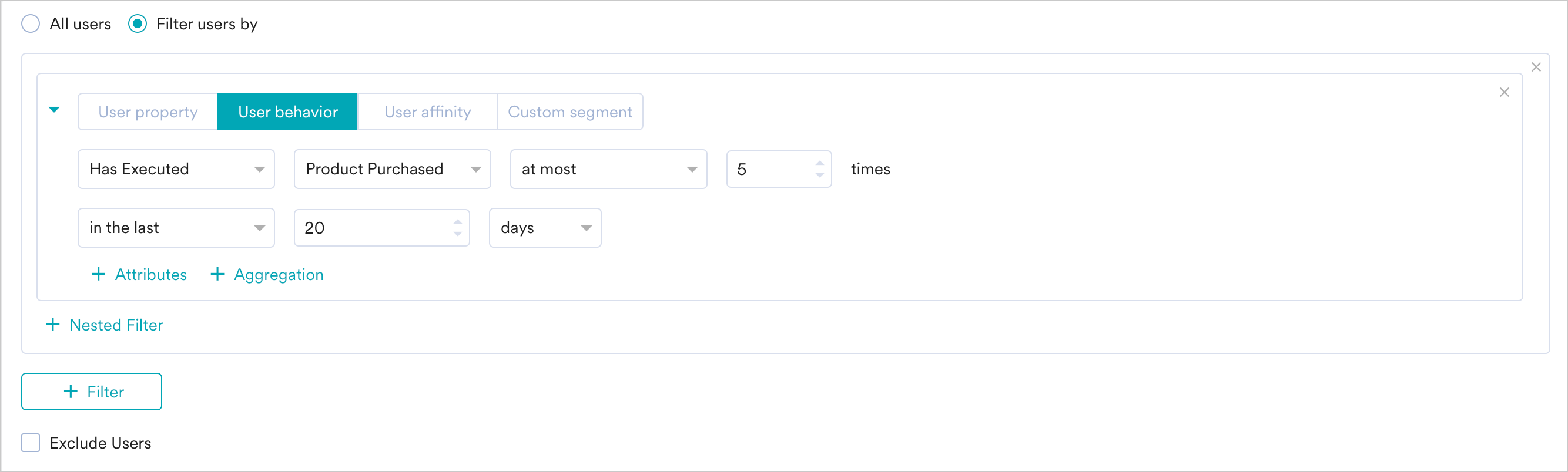 Segmentation filter set to User behavior, Has Executed Product Purchased at most 5 times in the last 20 days.