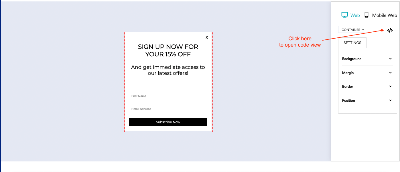 Screenshot of the Code View button in MoEngage.