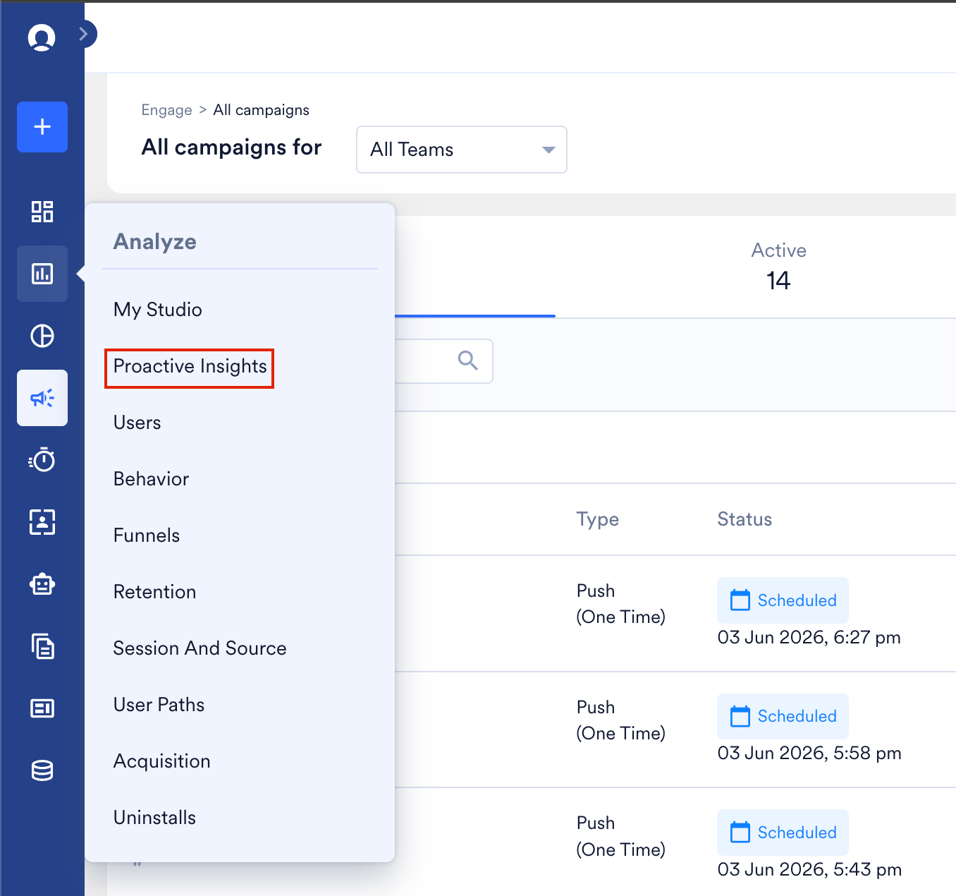 Analyze menu expanded in the MoEngage left navigation with the Proactive Insights option highlighted