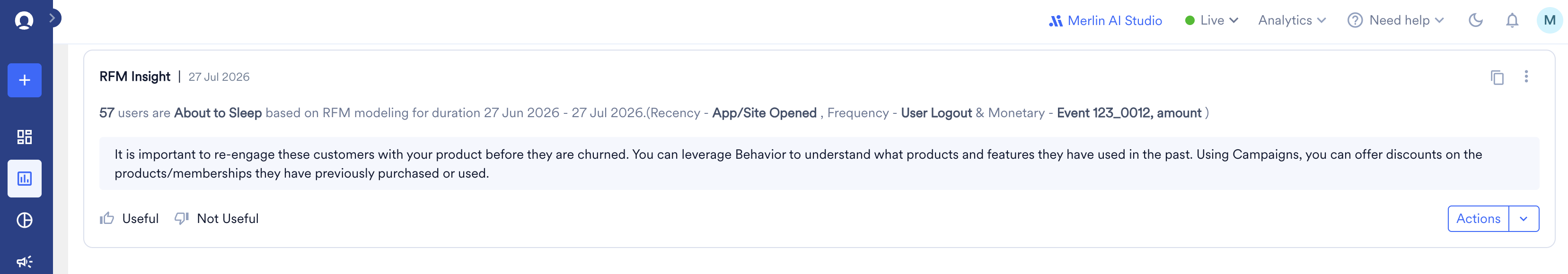 RFM Insight card in Proactive Insights identifying users who are About to Sleep
