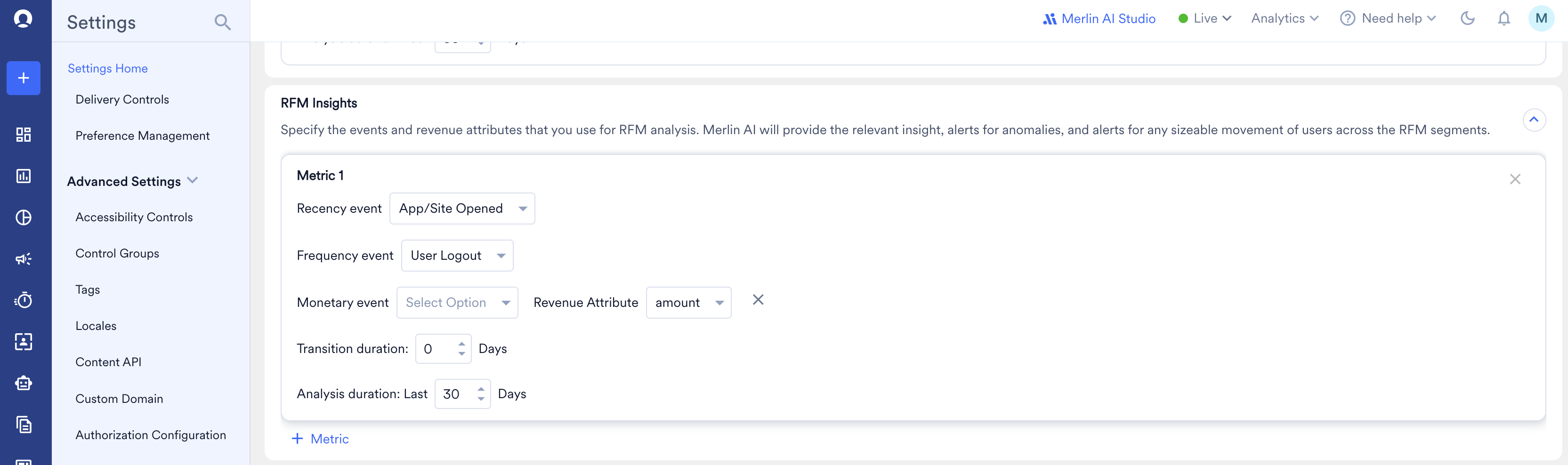RFM Insights configuration with Recency, Frequency, and Monetary events in Proactive Insights settings