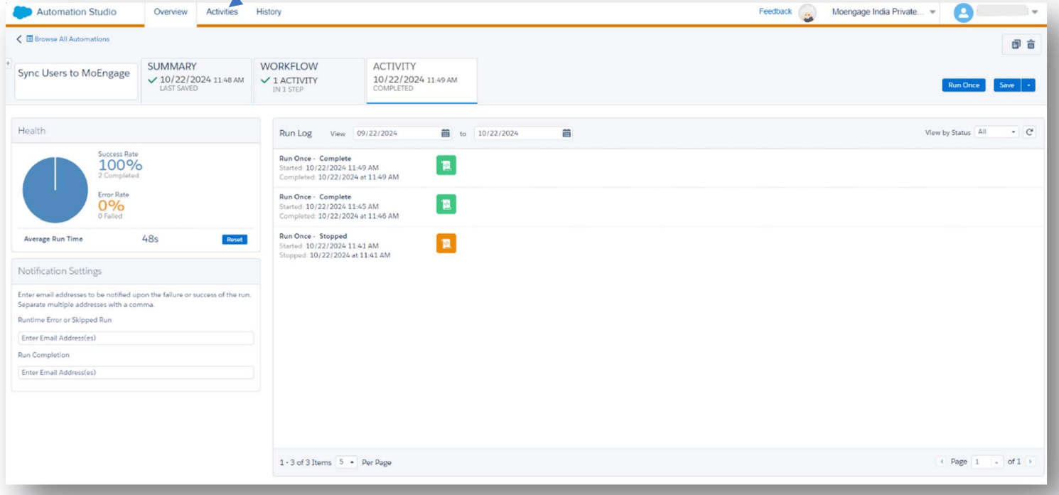 Automation Studio Activity Section showing sync logs