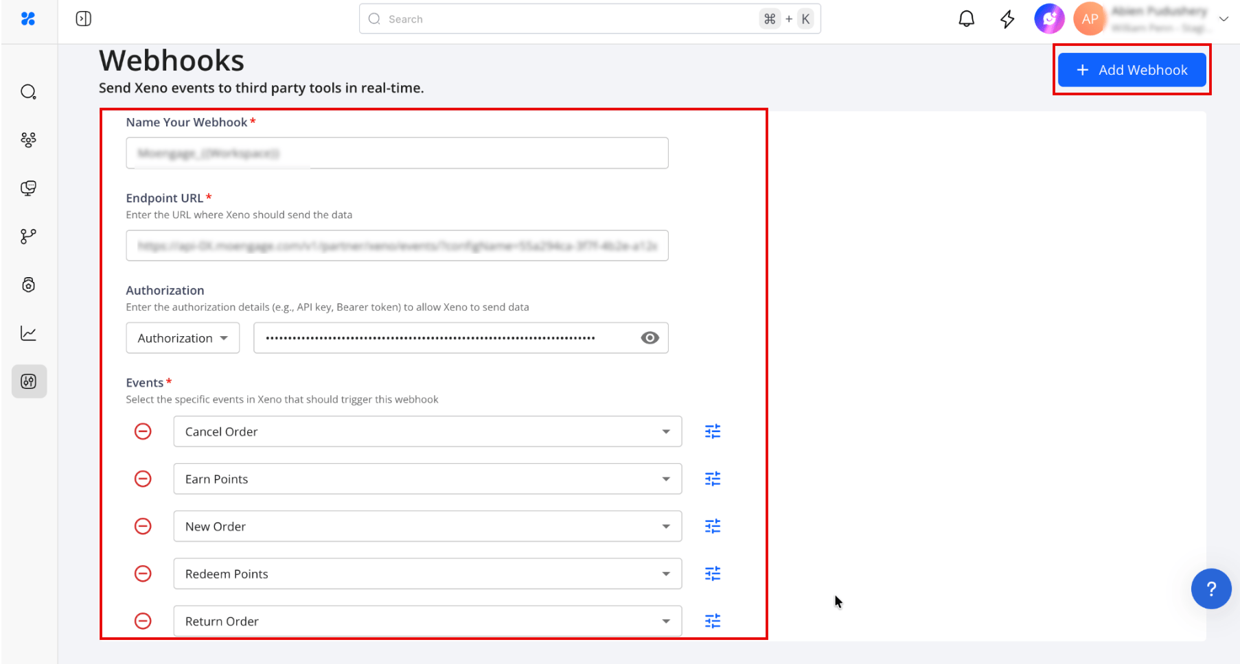 Xeno webhook Events checklist