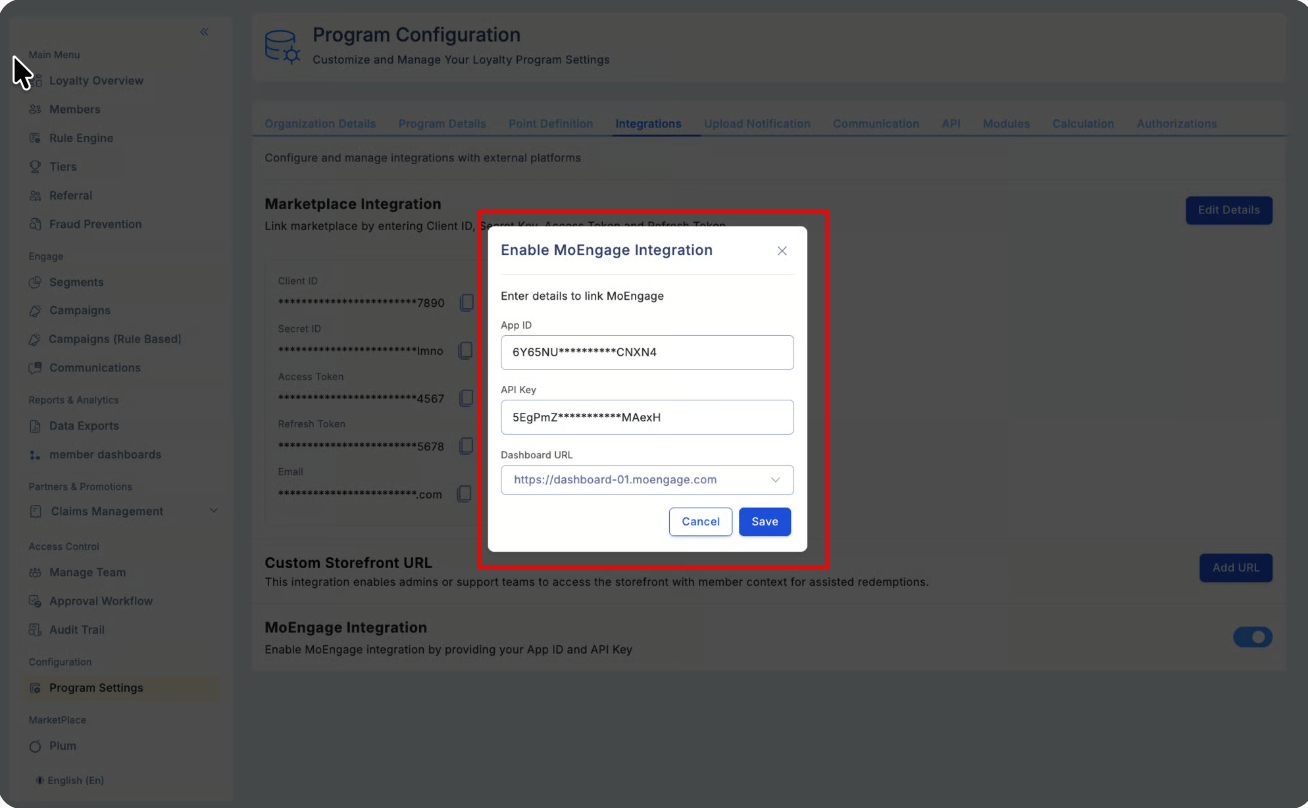 Loyalife MoEngage integration configuration saved