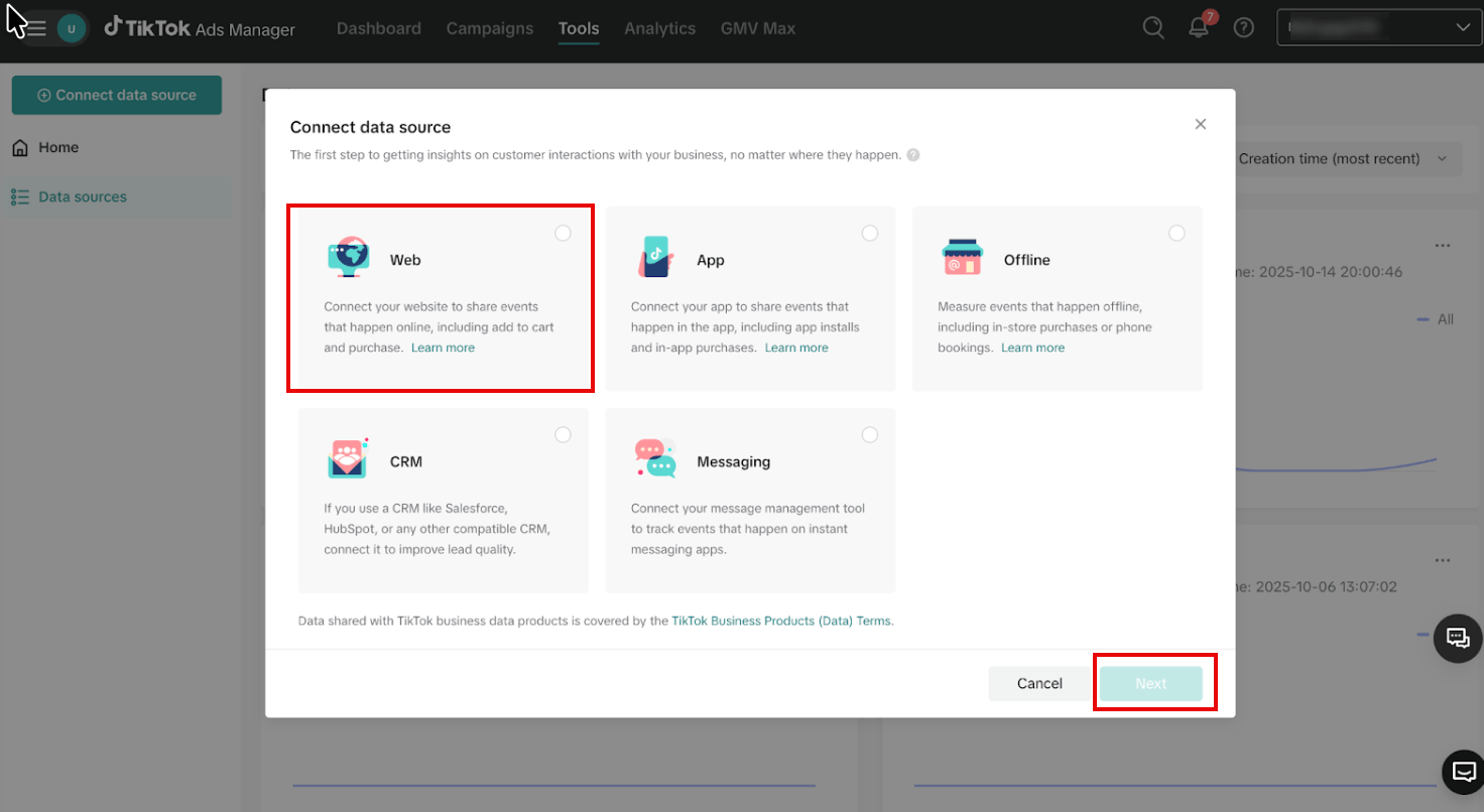 In the Connect data source dialog box, select Web and then click Next